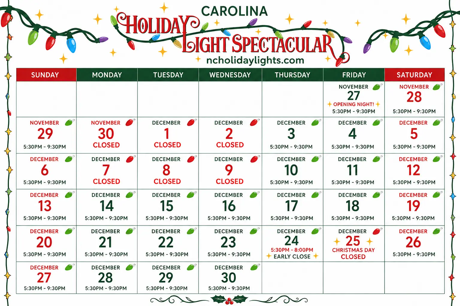Carolina Holiday Light Spectacular 2026 calendar — open select nights November 27 – December 30