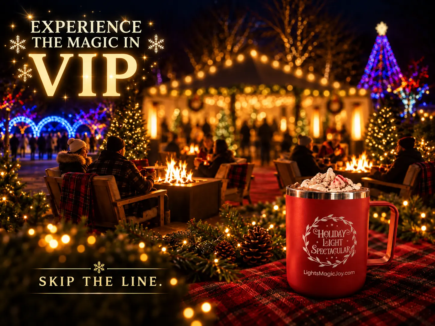 VIP Experience at Carolina Holiday Light Spectacular — HO HO Glow Lounge with firepits and bottomless hot cocoa