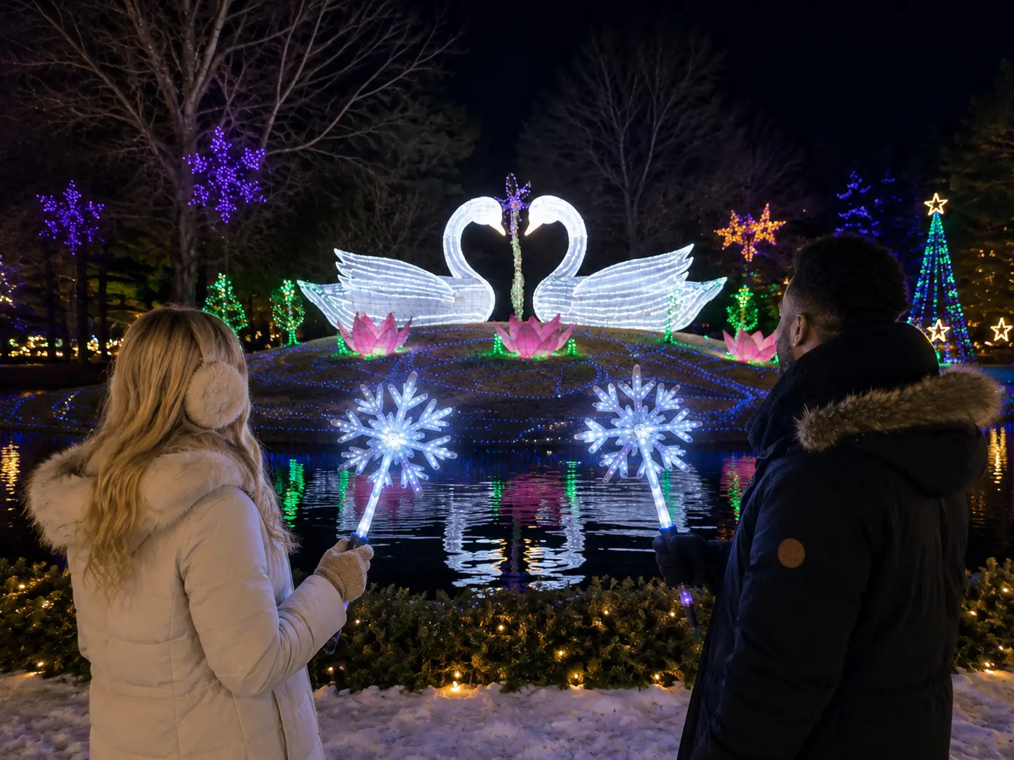 Couple sharing the Magic Snowflake Wand experience